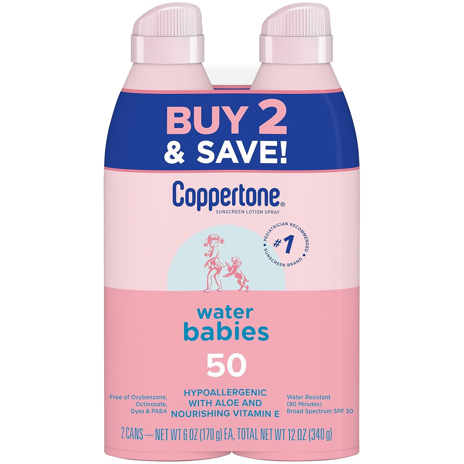 Waterbabies Sunscreen Spray, SPF 50 Baby Sunscreen, Spray on Sunscreen, 6 Oz, 2 Pack