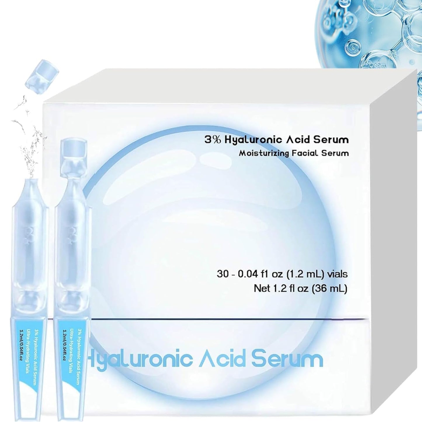 Hyaluronic Acid Tubes, 3% Hyaluronic Acid Serum Ultra-Hydrating Vials, Wake Nature Perfection Hyaluronic Acid, Hyaluronic Acid Serum for Face, Single-Use Hyaluronic Acid Tubes Vials(1 Box of 30)