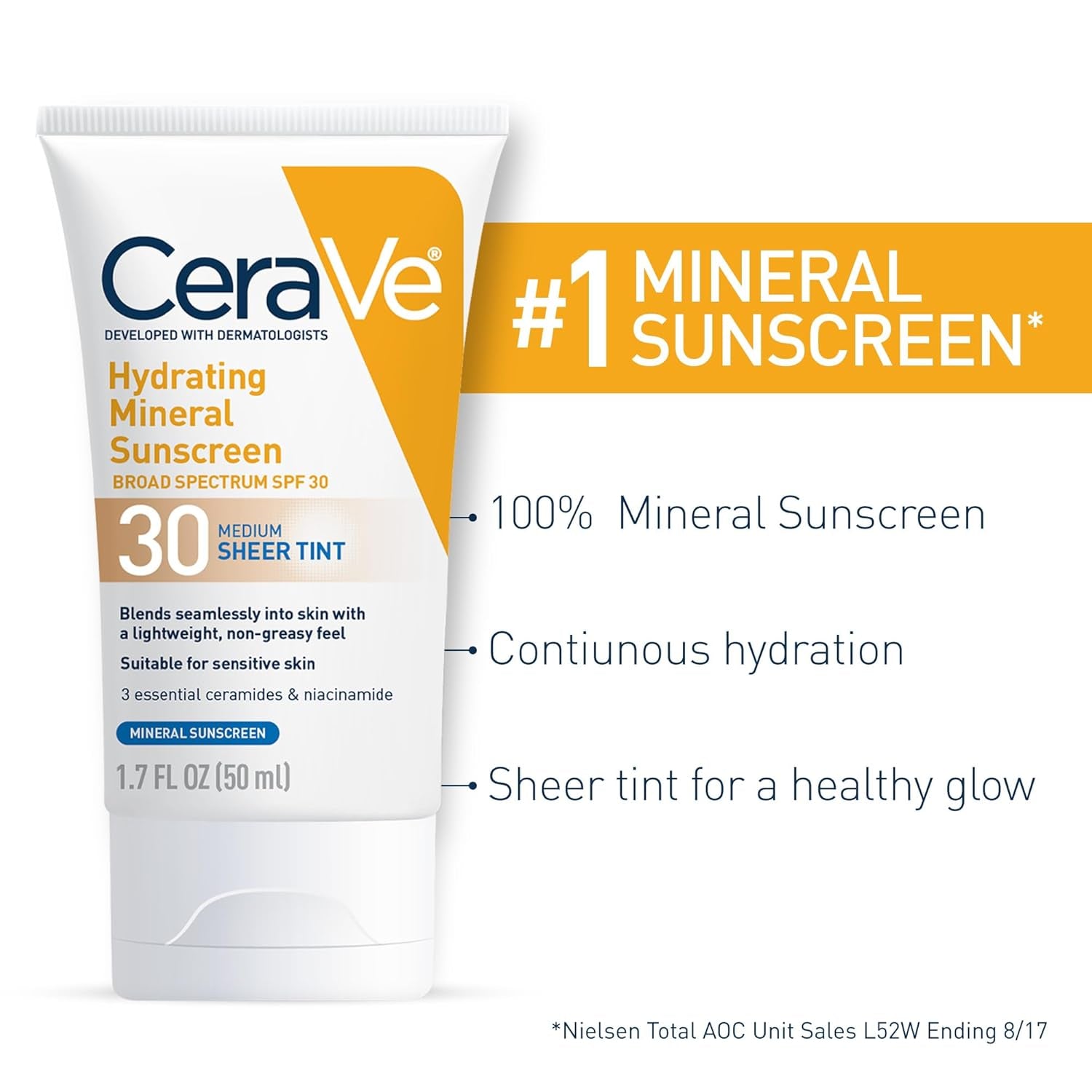 Hydrating Mineral Sunscreen SPF 30 with Sheer Tint, Tinted Mineral Sunscreen with Zinc Oxide & Titanium Dioxide, Blends Seamlessly for Healthy Glow, Stocking Stuffers, Light, 1.7 Oz