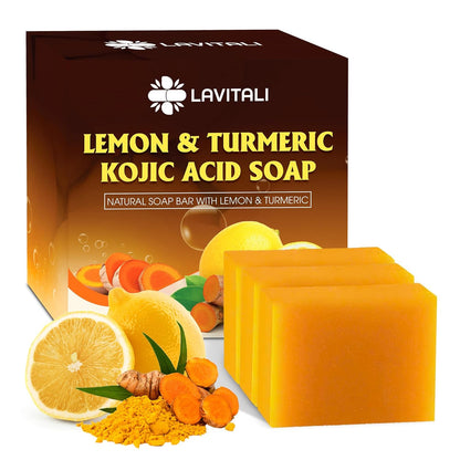 Lemon Turmeric Kojic Acid Soap, Natural Soap, Handmade, Sugar/Caffeine/Gluten Free, 100% Natural & Pure from Lemon and Turmeric, Deep Cleansing for All Skin Types Body Care Body Wash 3 Bars