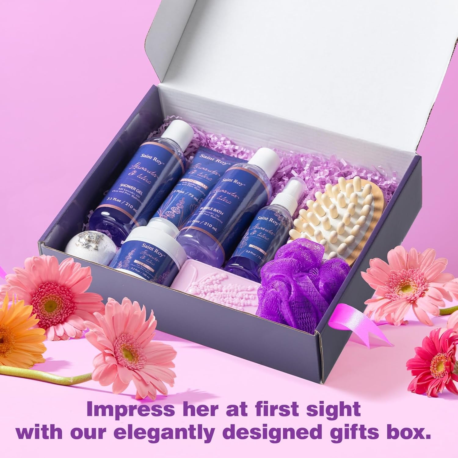 Birthday Gifts for Women, Lavender Relaxing Spa Gifts Basket Set for Women, Self Care Gift Unique Happy Birthday Gifts Idea for Mom Her with Massage Body Rush, Bath Bomb, Christmas Gift