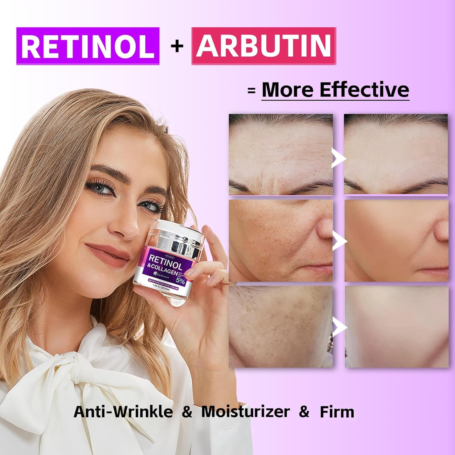 Collagen Moisturizer Retinol Face Cream with Hyaluronic Acid & Arbutin, Day & Night anti Aging Facial Moisturizing Cream for Face and Neck to Reduce Wrinkles, Women and Men ，1.85 Fl Oz