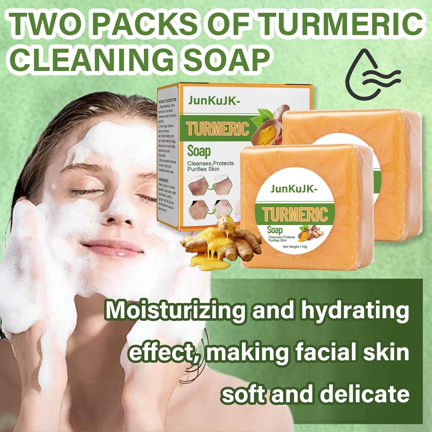 2PCS Turmeric Soap Bar,Cleansing Tumeric Soap for Face & Body,Moisturizing Turmeric Face Bar Soap,Suitable for Women and Men