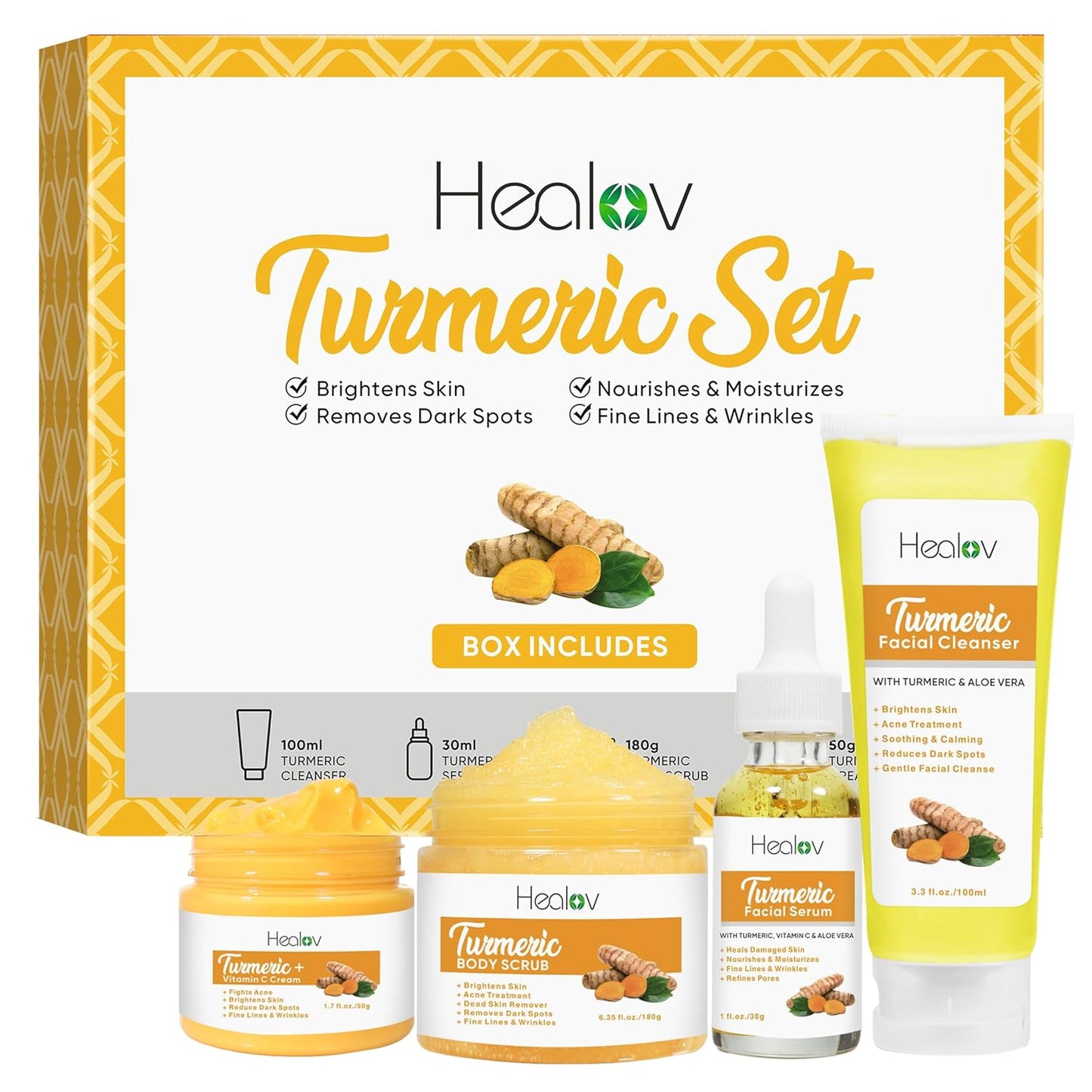 Turmeric Skincare Set - Turmeric Skin Care Products Brightening & Acne - Turmeric Skin Care Kit, Turmeric Skin Care Set - Turmeric Cleanser, Body Scrub, Face Cream & Facial Serum